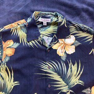 Tommy Bahama Silk Hawaiian Shirt L Black Yellow Floral Short Sleeve